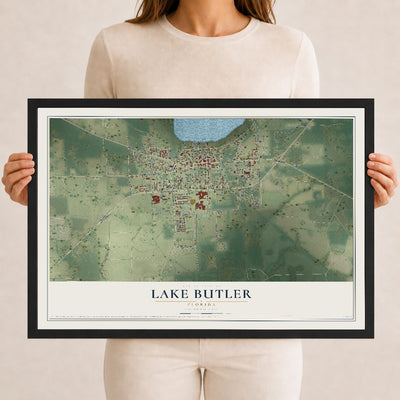 Lake Butler, Florida map print, 12" x 18" W/ Black Ayous Wood Frame mockup