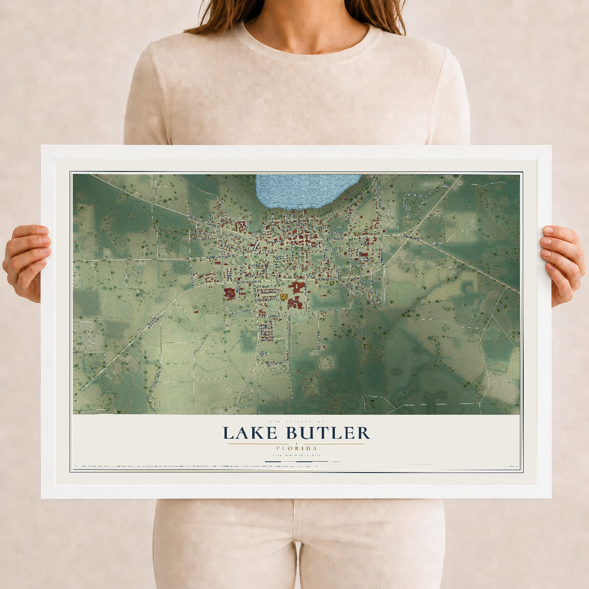 Lake Butler, Florida map print, 12" x 18" W/ White Ayous Wood Frame mockup