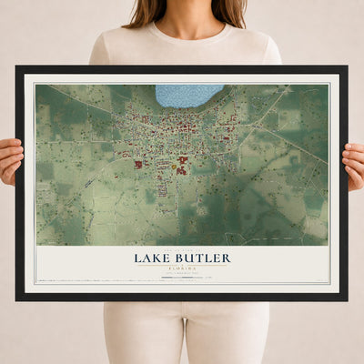 Lake Butler, Florida map print, 18" x 24" W/ Black Ayous Wood Frame mockup
