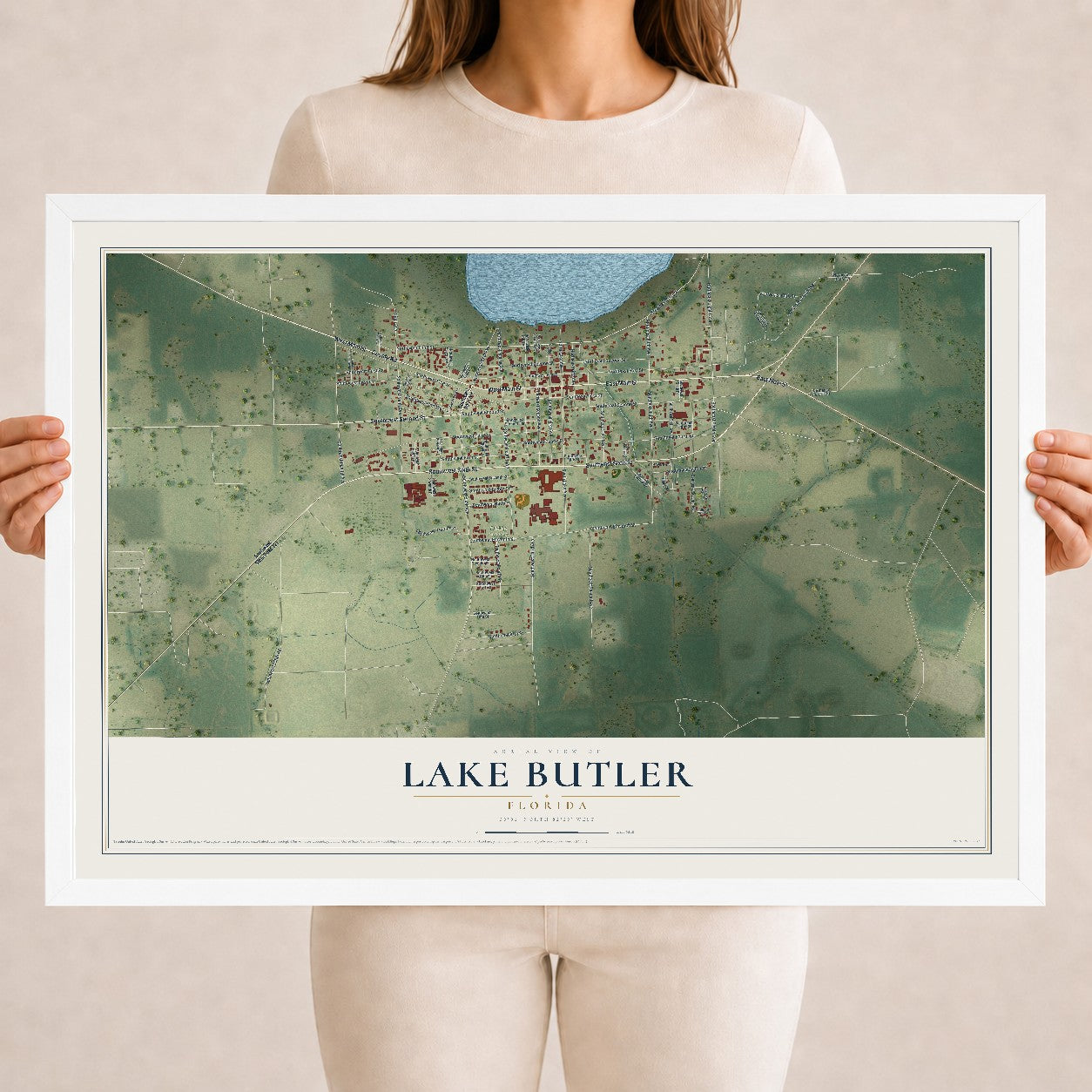 Lake Butler, Florida map print, 18" x 24" W/ White Ayous Wood Frame mockup