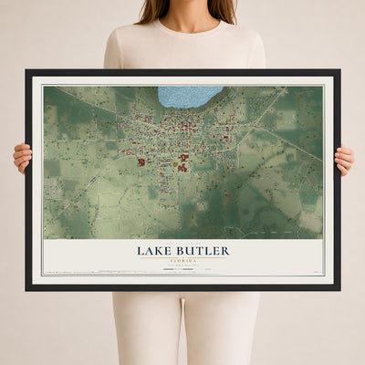 Lake Butler, Florida map print, 24" x 36" W/ Black Ayous Wood Frame mockup