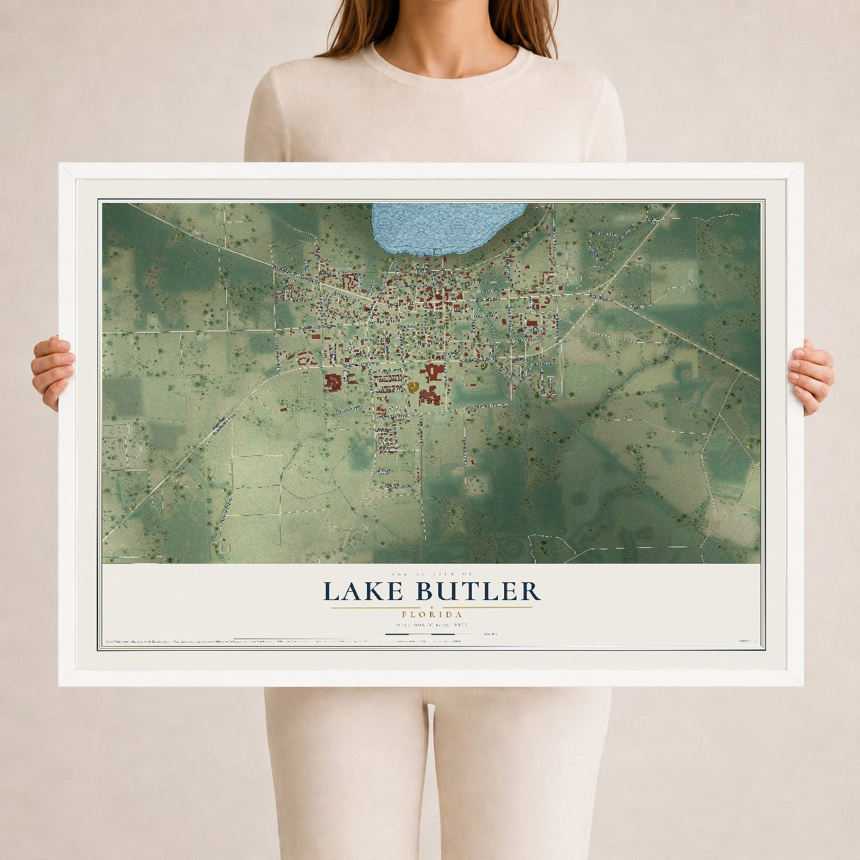 Lake Butler, Florida map print, 24" x 36" W/ White Ayous Wood Frame mockup