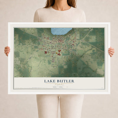 Lake Butler, Florida map print, 24" x 36" W/ White Ayous Wood Frame mockup