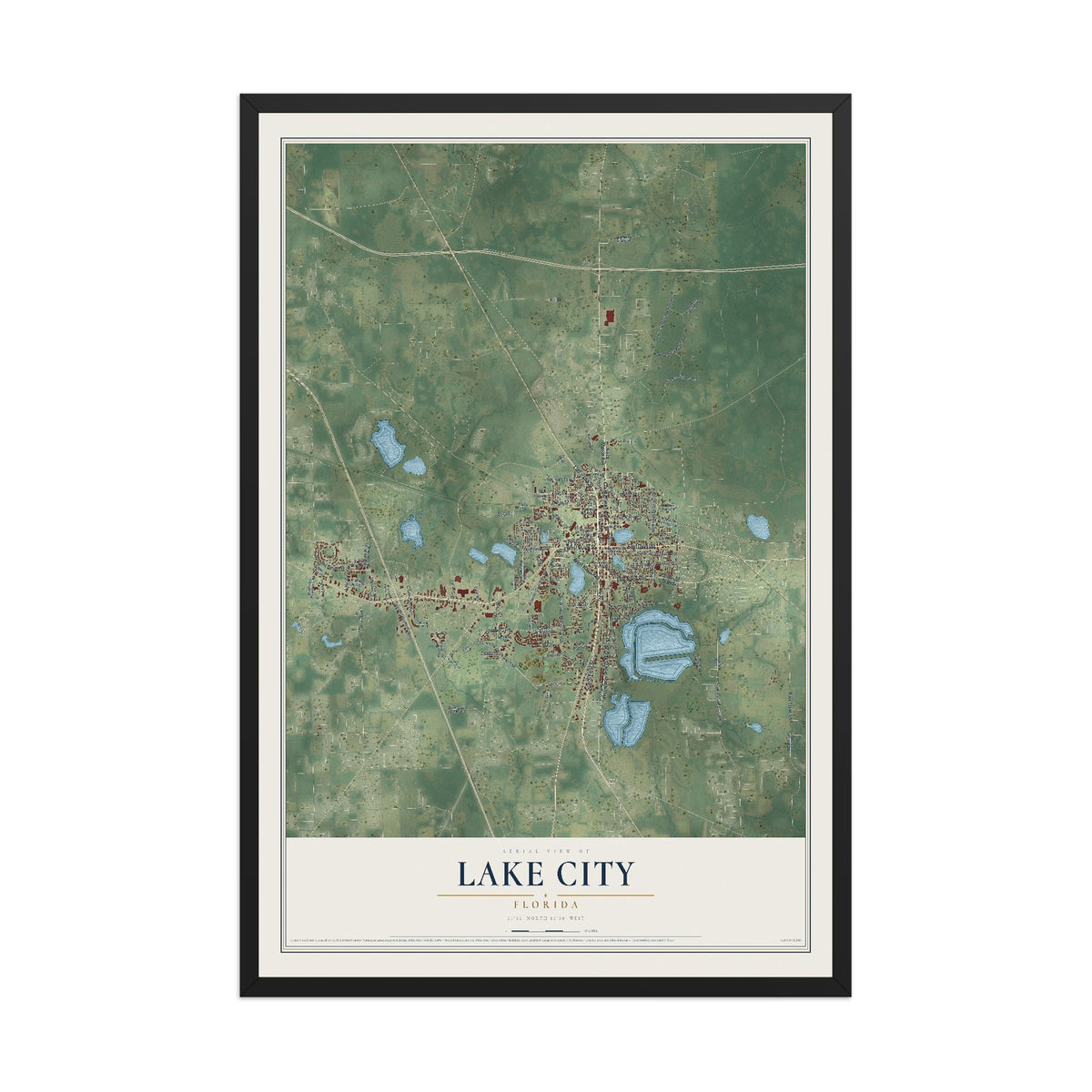 Lake City, Florida map print, 12" x 18" W/ Black Ayous Wood Frame mockup