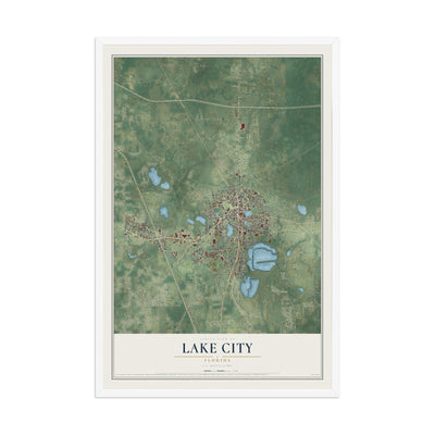 Lake City, Florida map print, 12" x 18" W/ White Ayous Wood Frame mockup