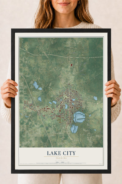 Lake City, Florida map print, 18" x 24" W/ Black Ayous Wood Frame mockup