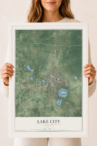Lake City, Florida map print, 18" x 24" W/ White Ayous Wood Frame mockup
