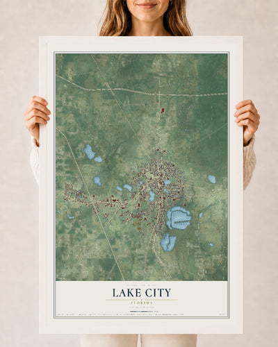 Lake City, Florida map print, 24" x 36" W/ White Ayous Wood Frame mockup