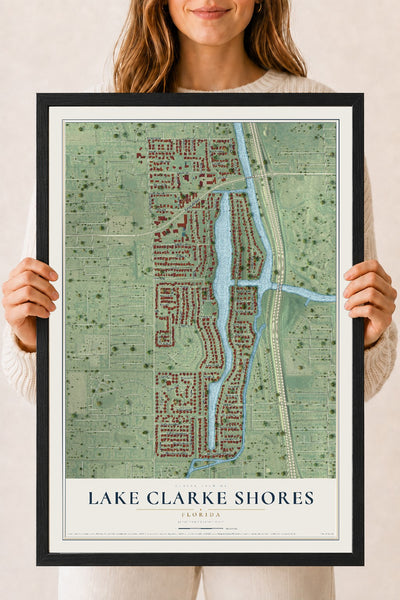 Lake Clarke Shores, Florida map print, 18" x 24" W/ Black Ayous Wood Frame mockup