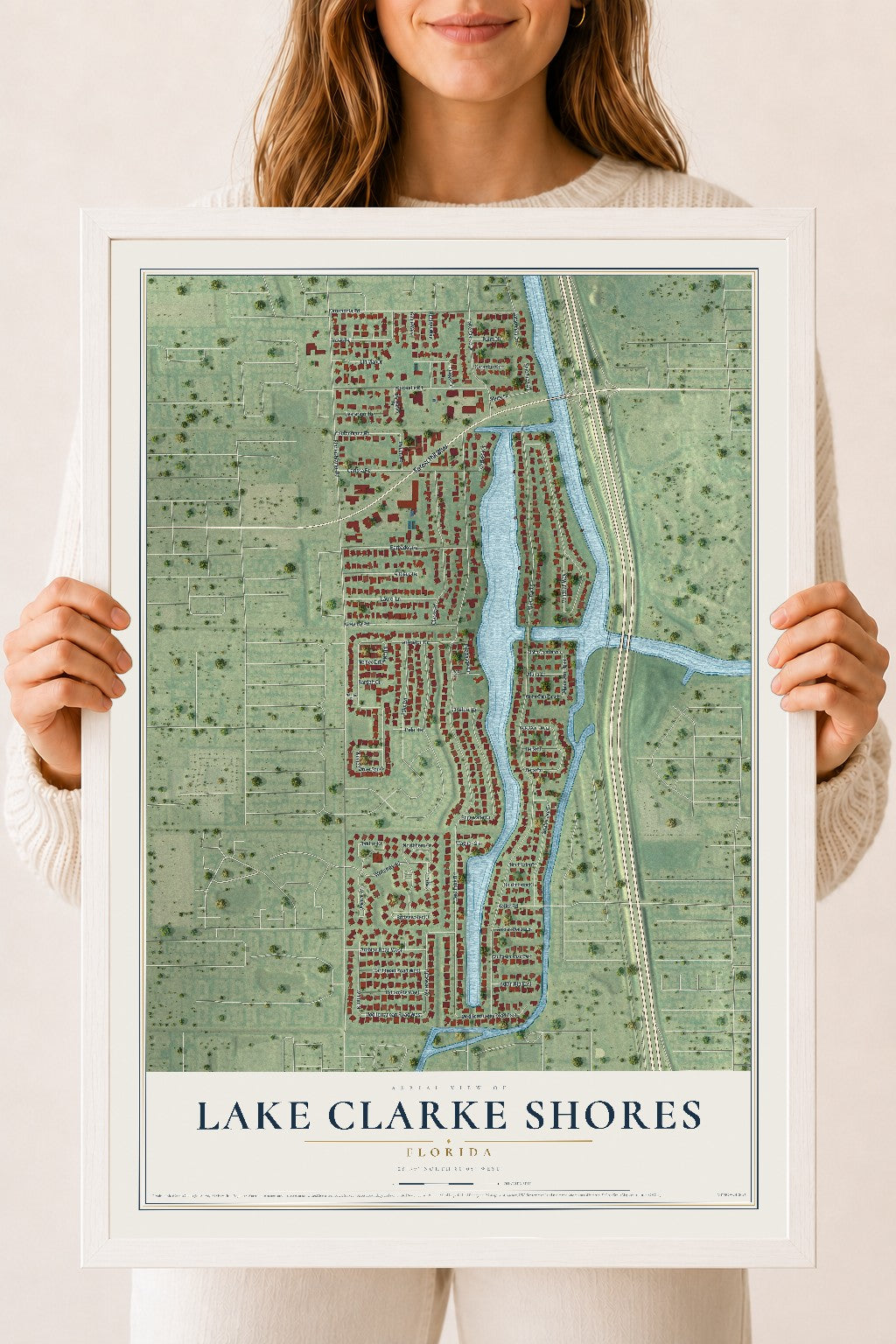 Lake Clarke Shores, Florida map print, 18" x 24" W/ White Ayous Wood Frame mockup