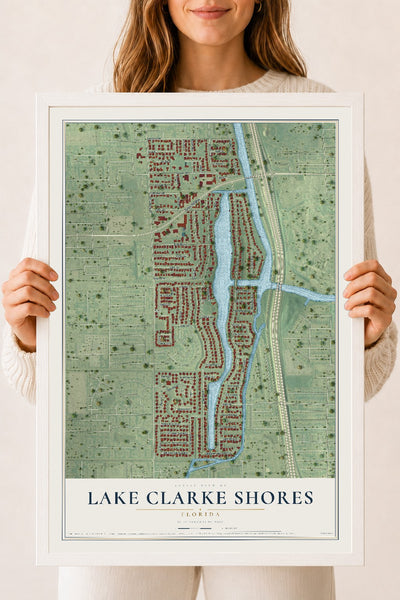 Lake Clarke Shores, Florida map print, 18" x 24" W/ White Ayous Wood Frame mockup