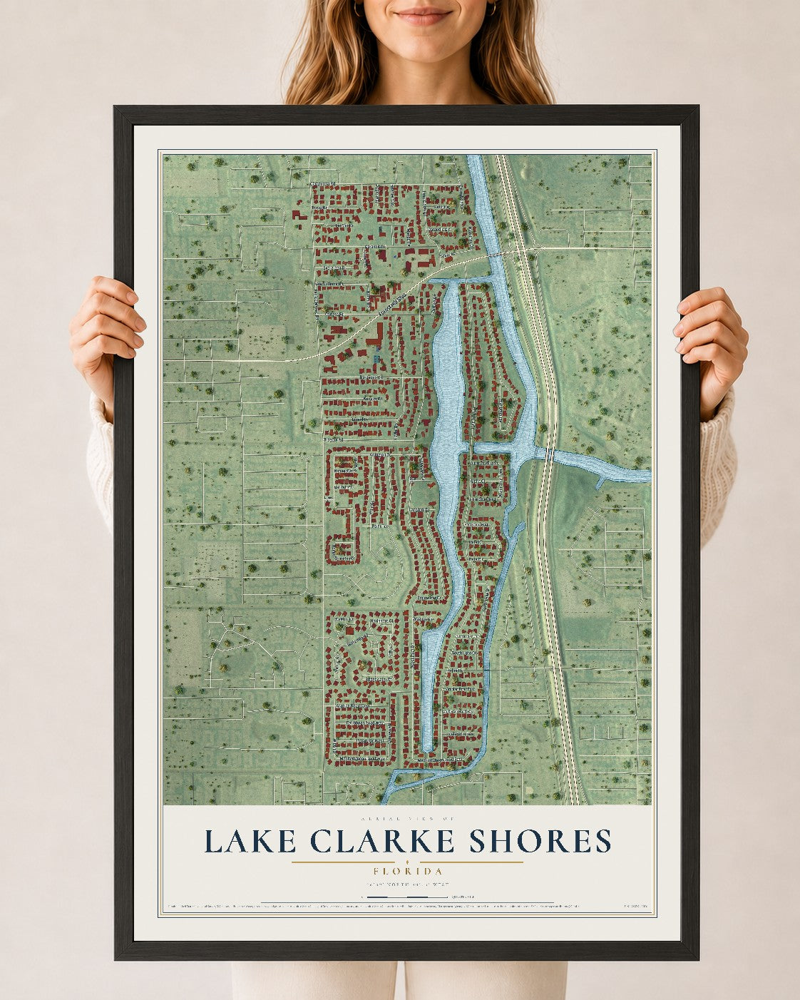 Lake Clarke Shores, Florida map print, 24" x 36" W/ Black Ayous Wood Frame mockup