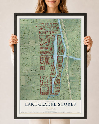 Lake Clarke Shores, Florida map print, 24" x 36" W/ Black Ayous Wood Frame mockup