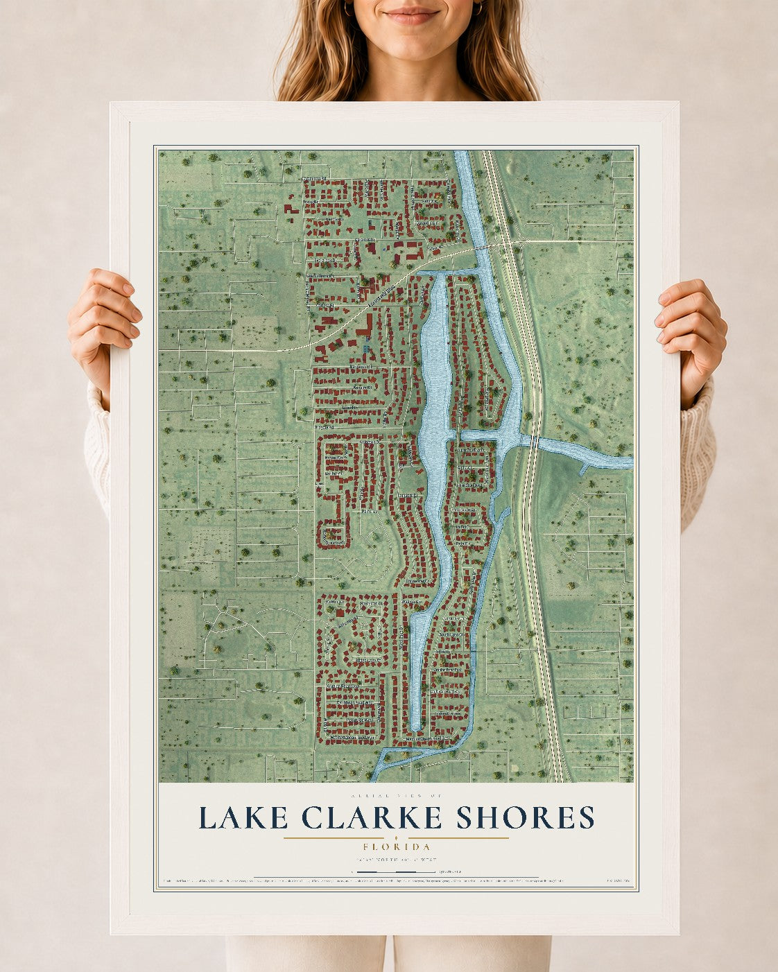 Lake Clarke Shores, Florida map print, 24" x 36" W/ White Ayous Wood Frame mockup