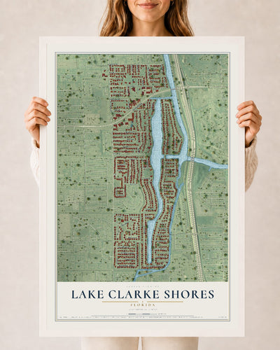 Lake Clarke Shores, Florida map print, 24" x 36" W/ White Ayous Wood Frame mockup