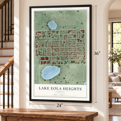 Lake Eola Heights, Florida map, 24 x 36 inch print in a black frame by a staircase