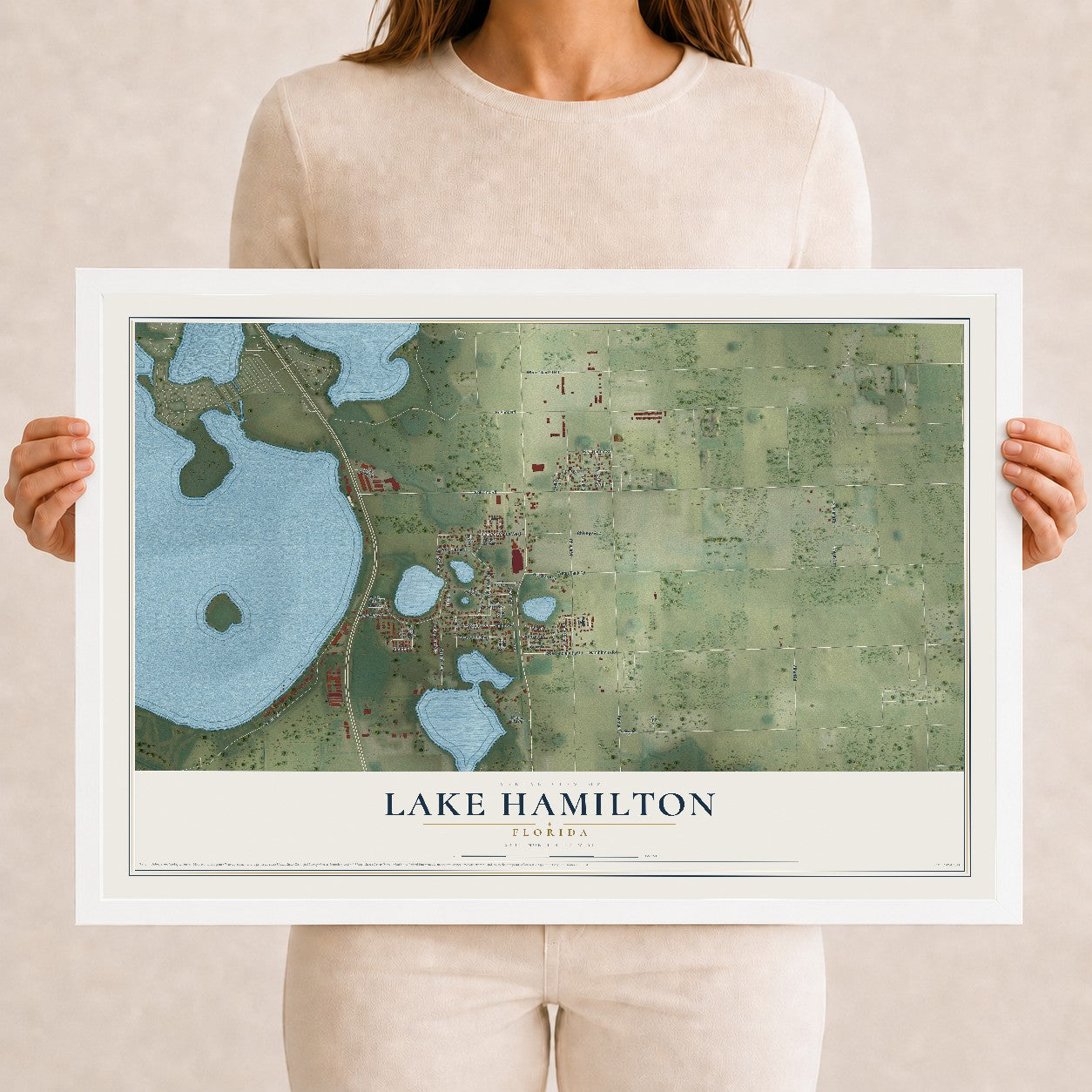 Lake Hamilton, Florida map print, 12" x 18" W/ White Ayous Wood Frame mockup