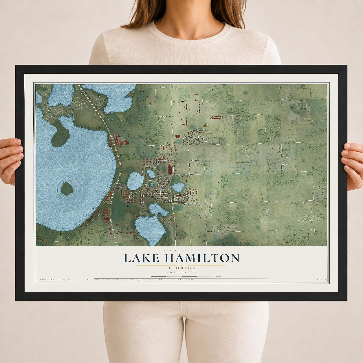 Lake Hamilton, Florida map print, 18" x 24" W/ Black Ayous Wood Frame mockup