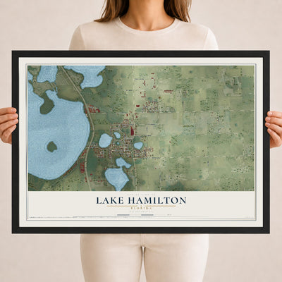 Lake Hamilton, Florida map print, 18" x 24" W/ Black Ayous Wood Frame mockup
