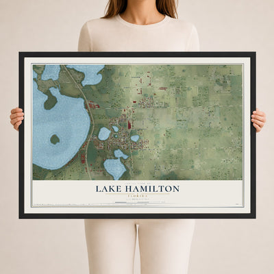 Lake Hamilton, Florida map print, 24" x 36" W/ Black Ayous Wood Frame mockup