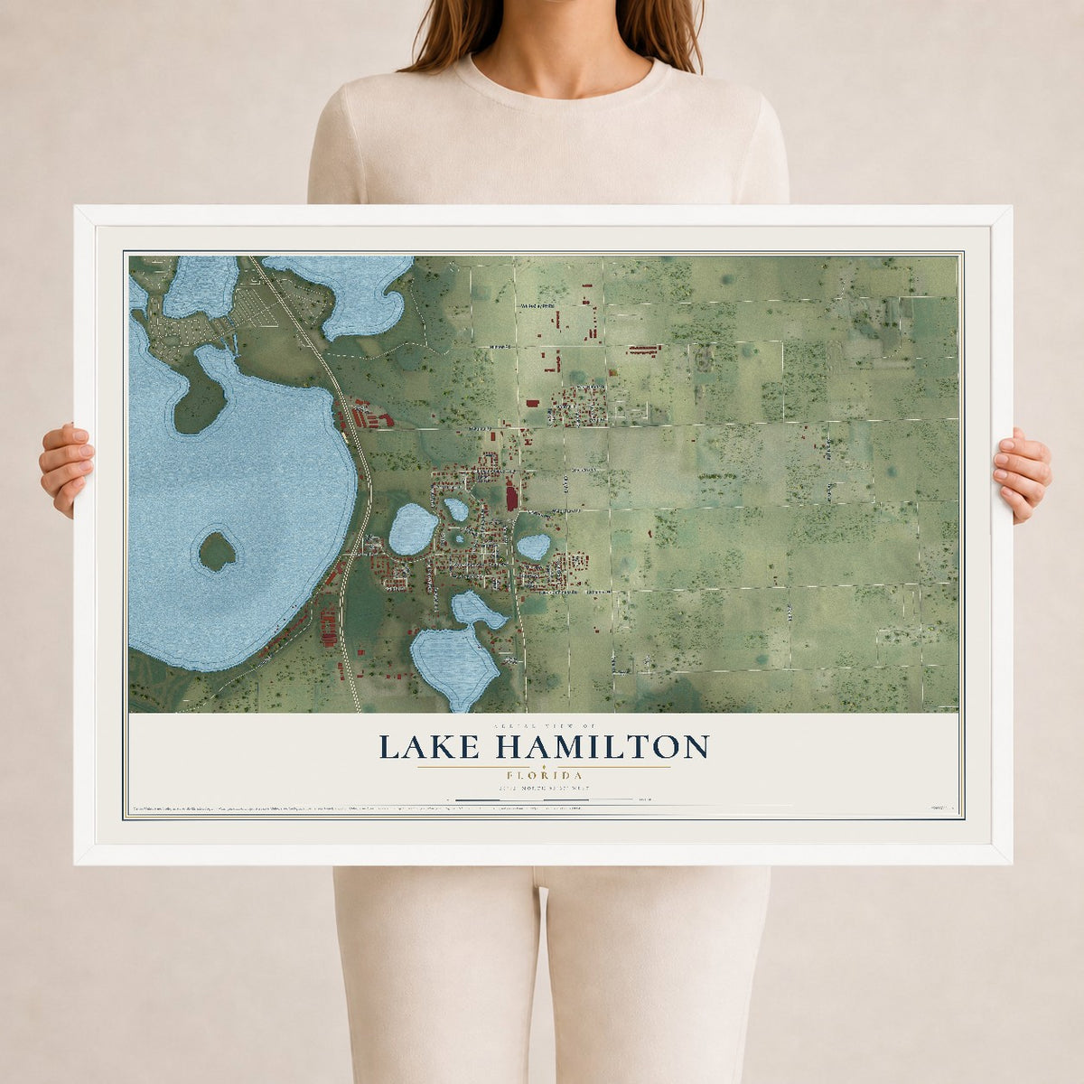 Lake Hamilton, Florida map print, 24" x 36" W/ White Ayous Wood Frame mockup