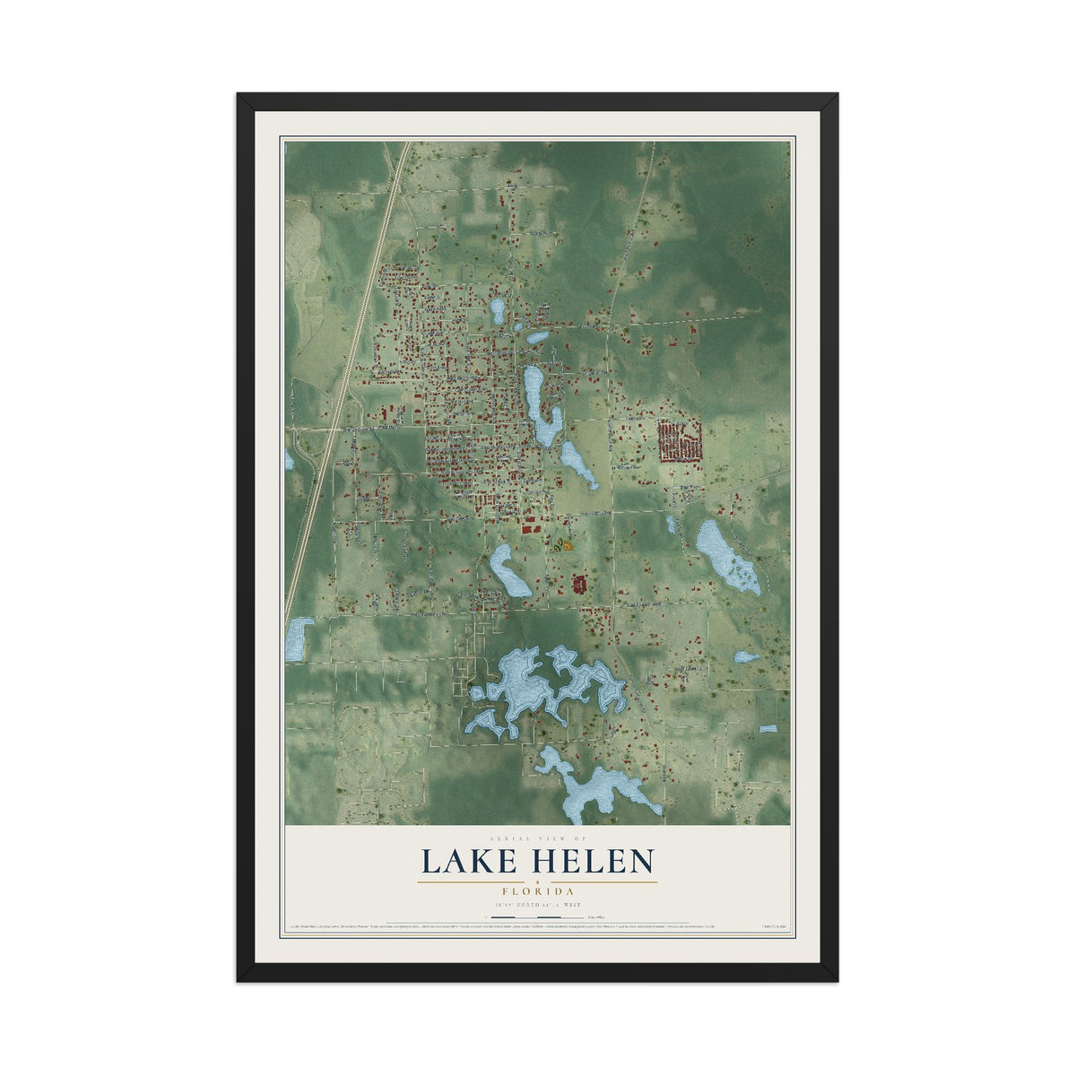 Lake Helen, Florida map print, 12" x 18" W/ Black Ayous Wood Frame mockup