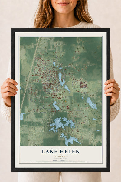 Lake Helen, Florida map print, 18" x 24" W/ Black Ayous Wood Frame mockup