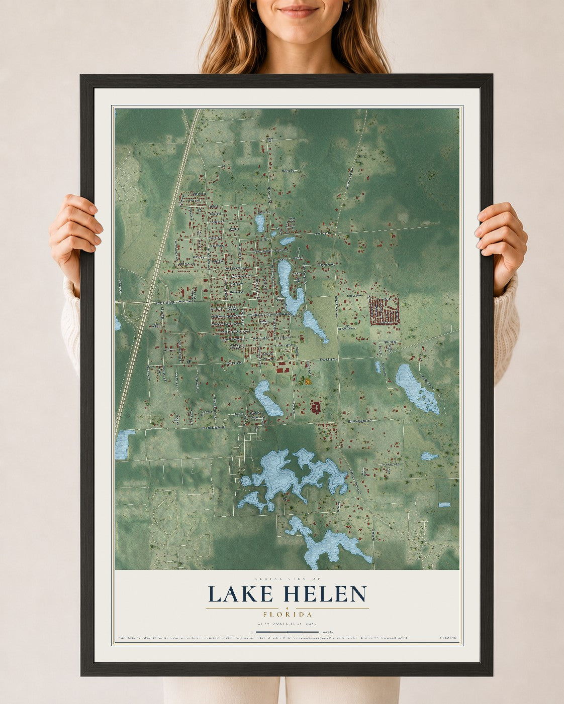 Lake Helen, Florida map print, 24" x 36" W/ Black Ayous Wood Frame mockup