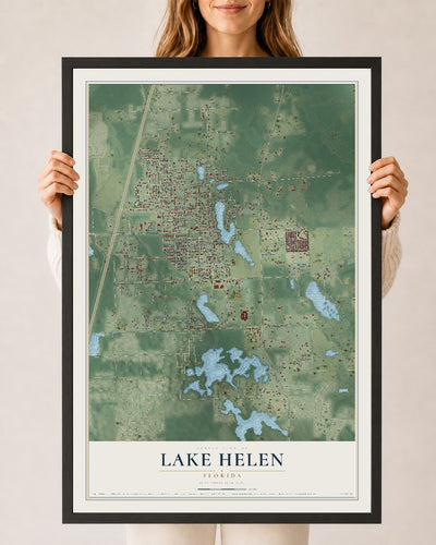 Lake Helen, Florida map print, 24" x 36" W/ Black Ayous Wood Frame mockup
