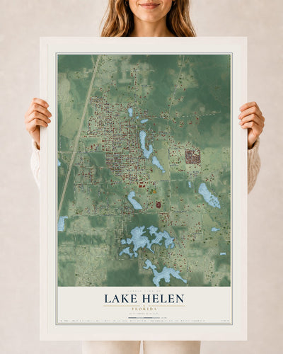 Lake Helen, Florida map print, 24" x 36" W/ White Ayous Wood Frame mockup