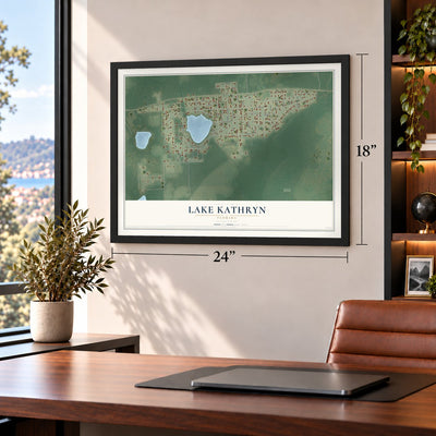 Lake Kathryn, Florida map, 18 x 24 inch print in a black frame in a home office