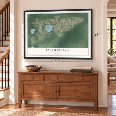 Lake Kathryn, Florida map, 24 x 36 inch print in a black frame above a dresser by a staircase