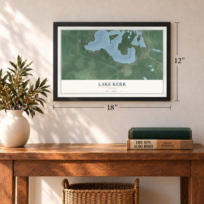 Lake Kerr, Florida map, 12 x 18 inch print in a black frame in an entryway