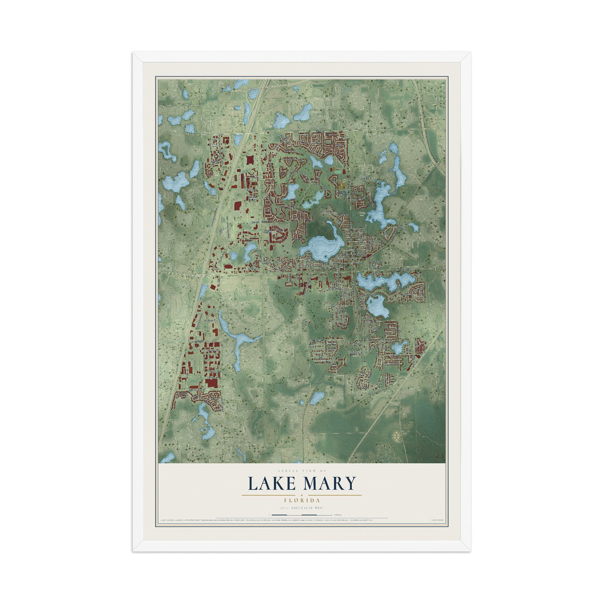 Lake Mary, Florida map print, 12" x 18" W/ White Ayous Wood Frame mockup