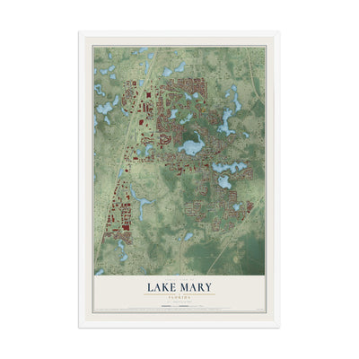 Lake Mary, Florida map print, 12" x 18" W/ White Ayous Wood Frame mockup