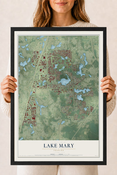 Lake Mary, Florida map print, 18" x 24" W/ Black Ayous Wood Frame mockup