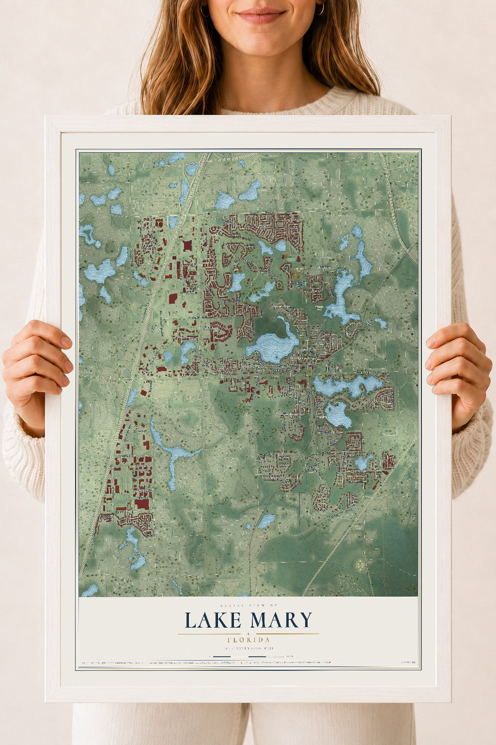 Lake Mary, Florida map print, 18" x 24" W/ White Ayous Wood Frame mockup