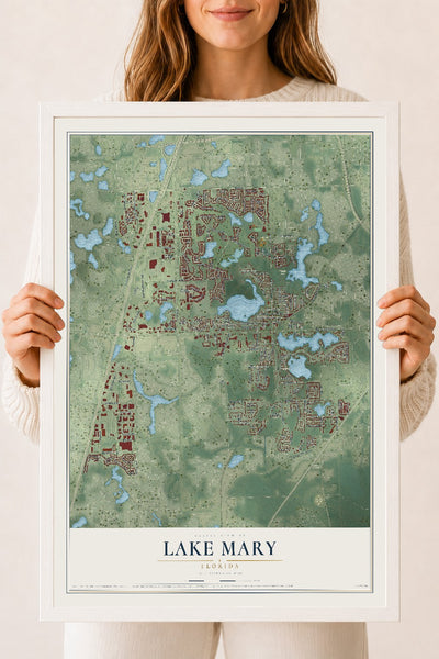 Lake Mary, Florida map print, 18" x 24" W/ White Ayous Wood Frame mockup