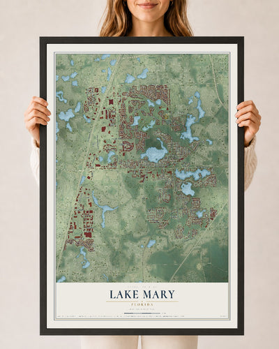 Lake Mary, Florida map print, 24" x 36" W/ Black Ayous Wood Frame mockup
