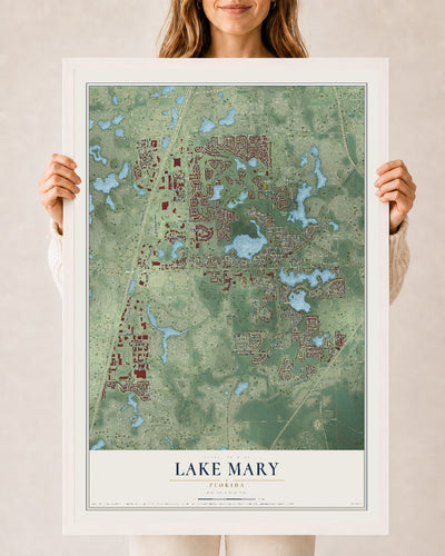 Lake Mary, Florida map print, 24" x 36" W/ White Ayous Wood Frame mockup