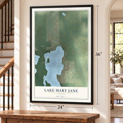 Lake Mary Jane, Florida map, 24 x 36 inch print in a black frame by a staircase