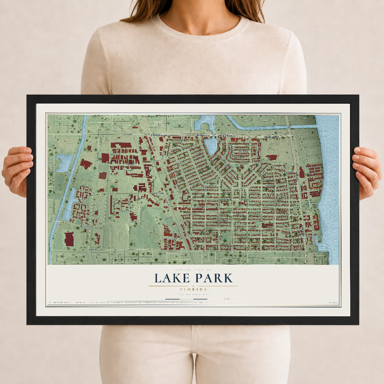 Lake Park, Florida map print, 12" x 18" W/ Black Ayous Wood Frame mockup