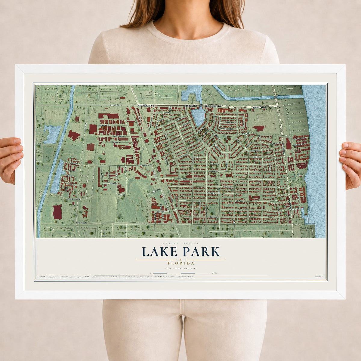 Lake Park, Florida map print, 18" x 24" W/ White Ayous Wood Frame mockup