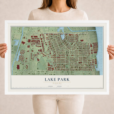 Lake Park, Florida map print, 18" x 24" W/ White Ayous Wood Frame mockup
