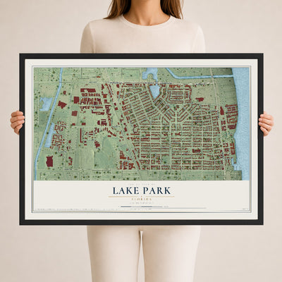 Lake Park, Florida map print, 24" x 36" W/ Black Ayous Wood Frame mockup
