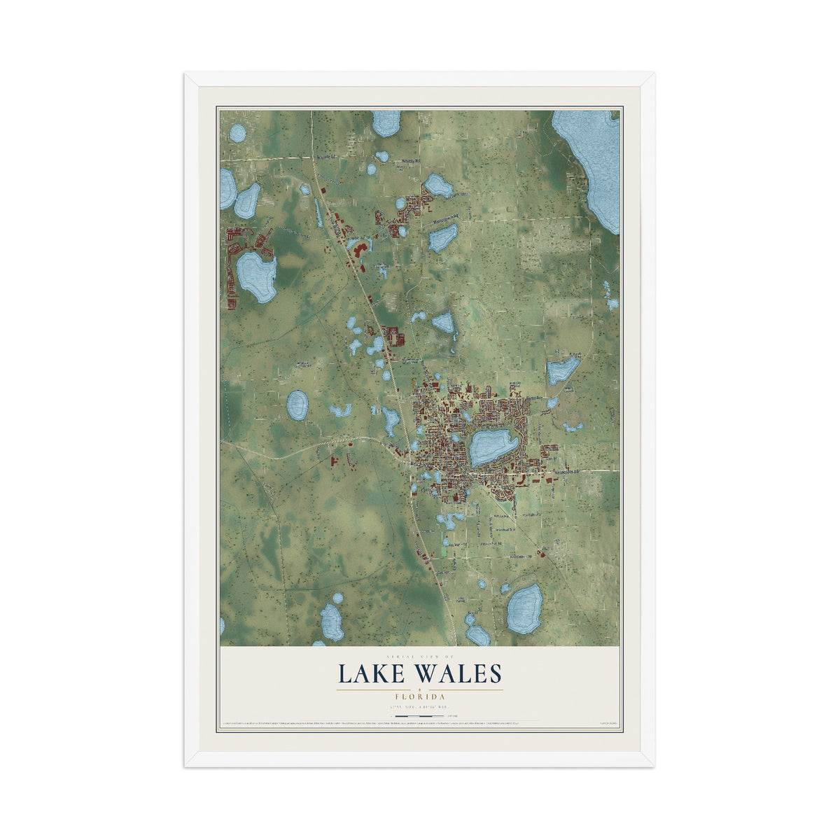 Lake Wales, Florida map print, 12" x 18" W/ White Ayous Wood Frame mockup