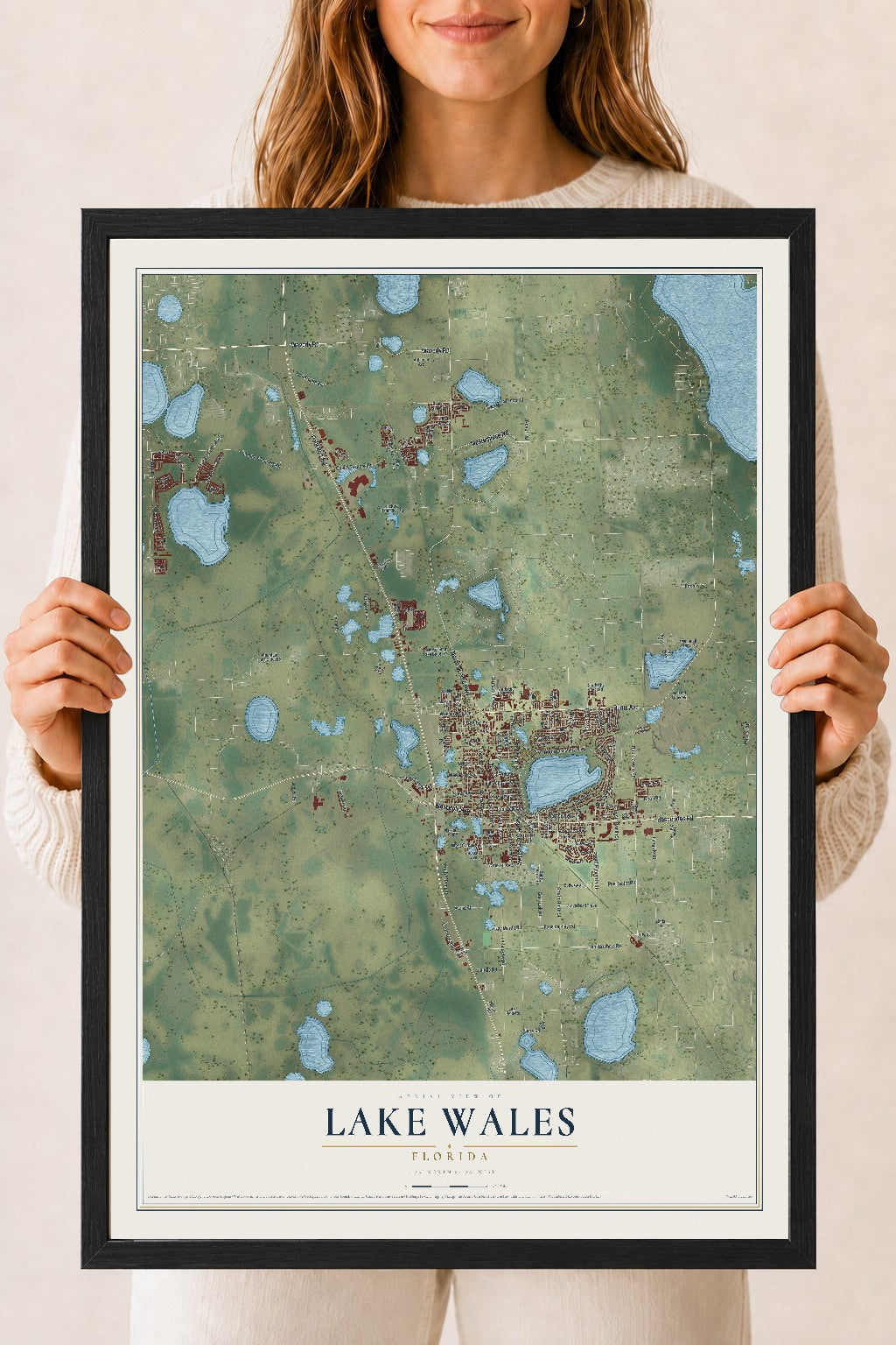Lake Wales, Florida map print, 18" x 24" W/ Black Ayous Wood Frame mockup