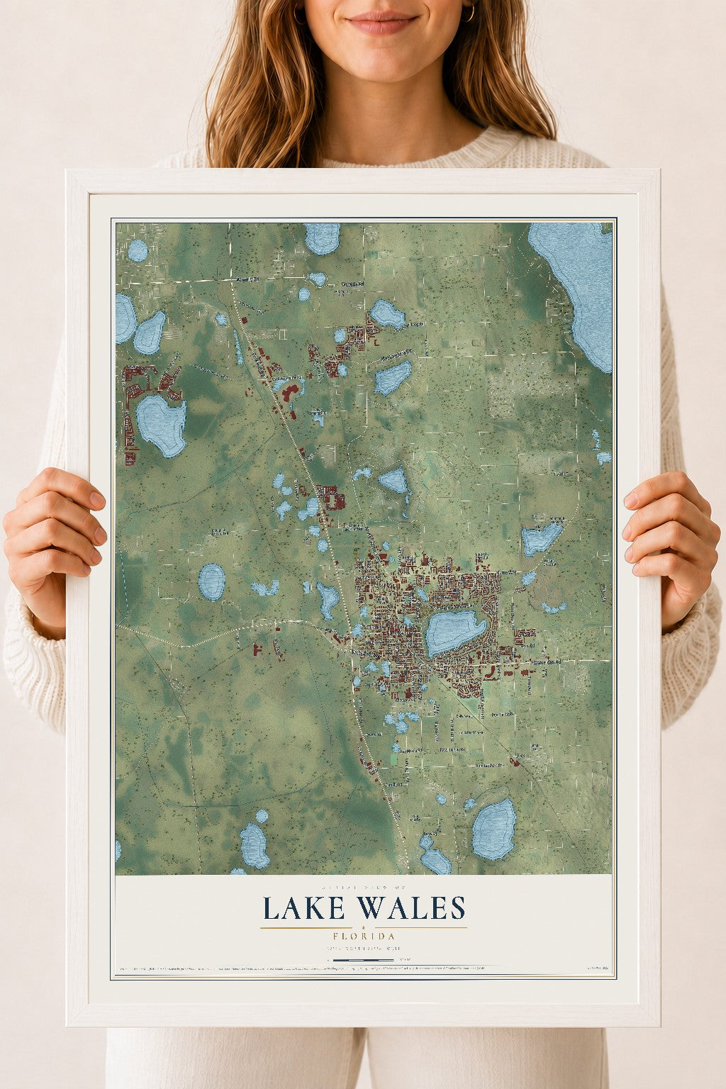 Lake Wales, Florida map print, 18" x 24" W/ White Ayous Wood Frame mockup