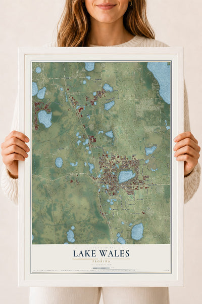 Lake Wales, Florida map print, 18" x 24" W/ White Ayous Wood Frame mockup