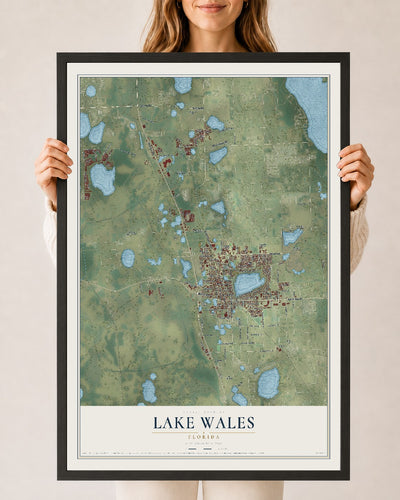 Lake Wales, Florida map print, 24" x 36" W/ Black Ayous Wood Frame mockup